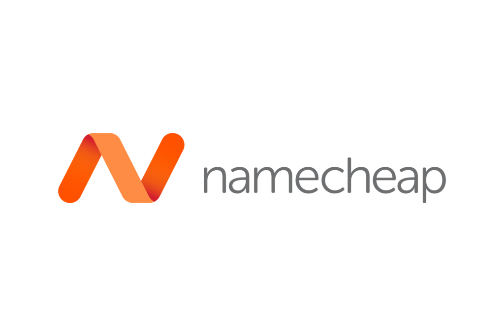 Namecheap logo: A stylized 'N' in orange and yellow gradient, with the brand name 'Namecheap' written in a modern, gray font next to it.