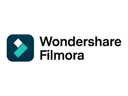 Wondershare Filmora logo: A teal and white diamond-shaped icon inside a dark blue square, with the brand name 'Wondershare Filmora' written in bold black letters to the right.